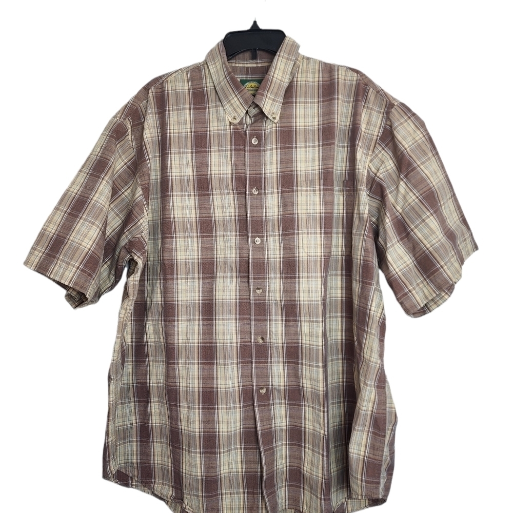 Cabela's Classic Plaid Cream & Brown Collar Short Sleeve Men's Shirt  Size 2XL